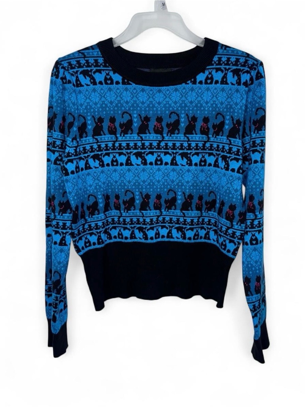 Unique Vintage Black Cat Sweater M/L Blue Halloween Knit Pullover Fair Isle